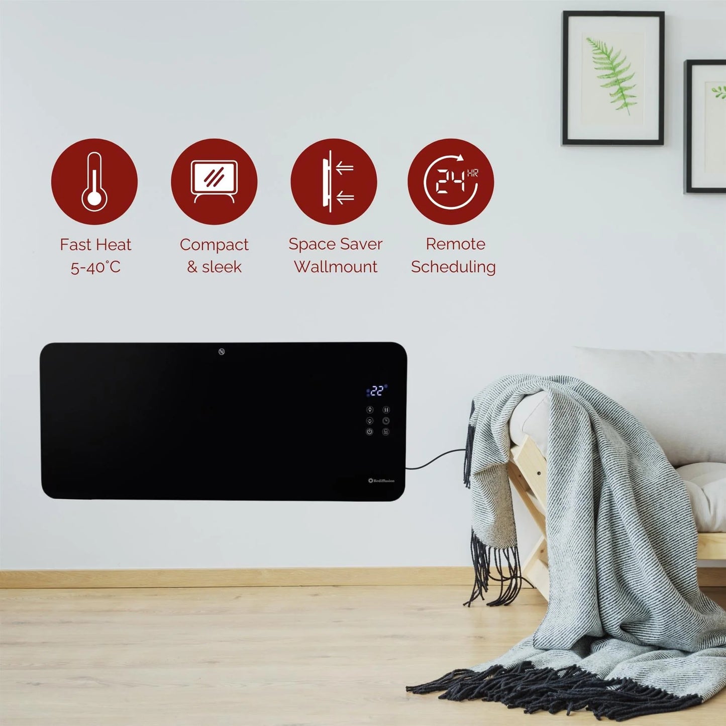 Rediffusion Smart Glass Panel Heater 2000W, Black