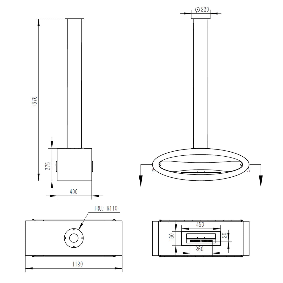 Henley Stoves, Budapest Ceiling Mounted Bioethanol Stove