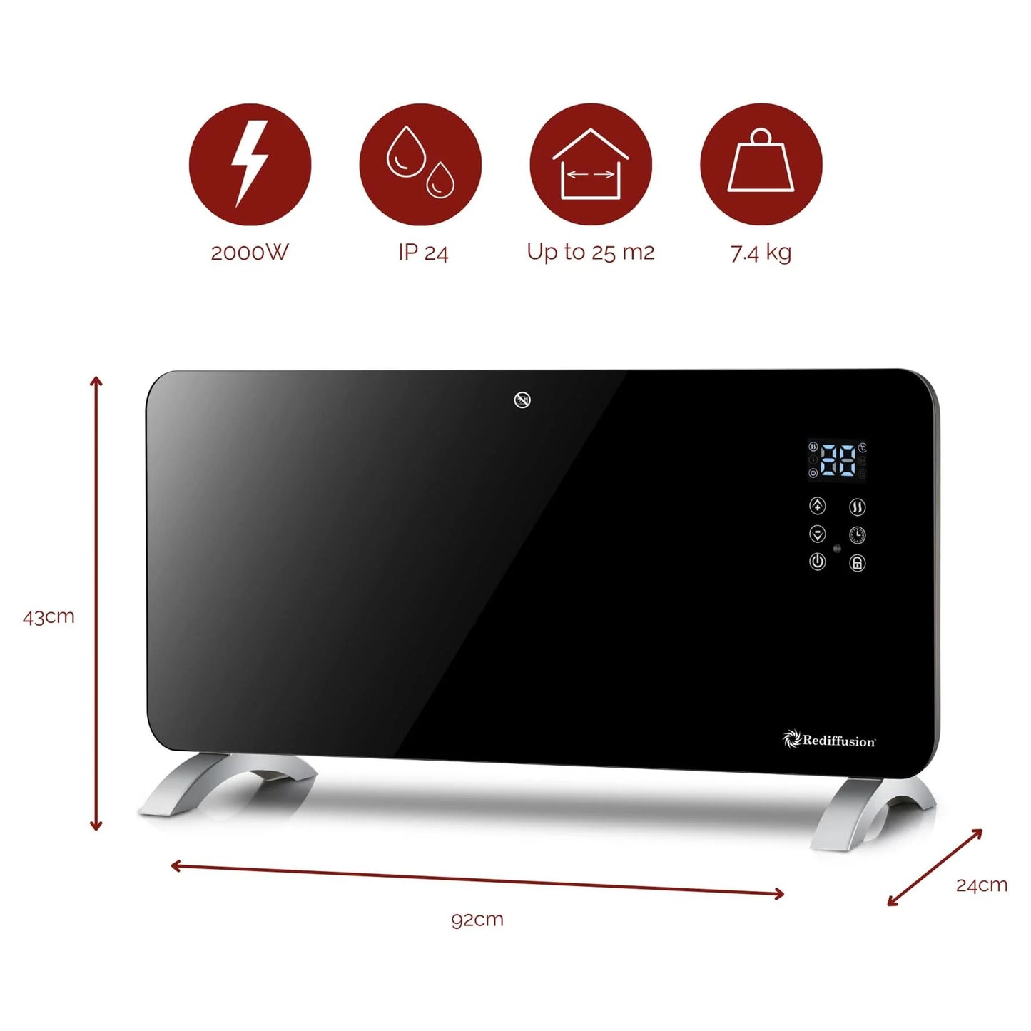 Rediffusion Smart Glass Panel Heater 2000W, Black