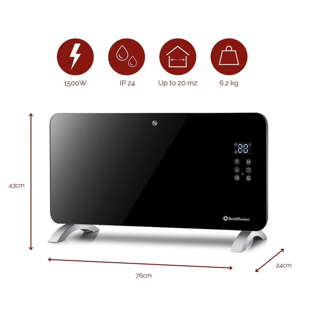 Rediffusion Smart Glass Panel Heater 1500W, Black