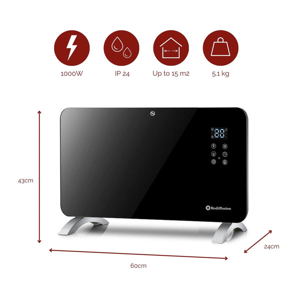 Rediffusion Smart Glass Panel Heater 1000w, Black