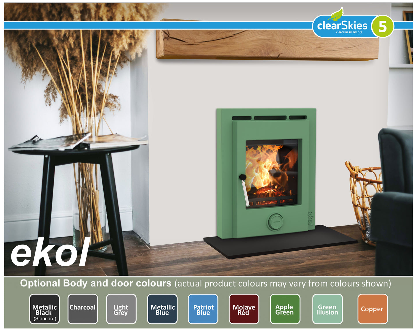 Ekol Inset Plus 5kW DEFRA Approved Wood Burning / Multifuel Ecodesign Inset Stove (with painted door option)